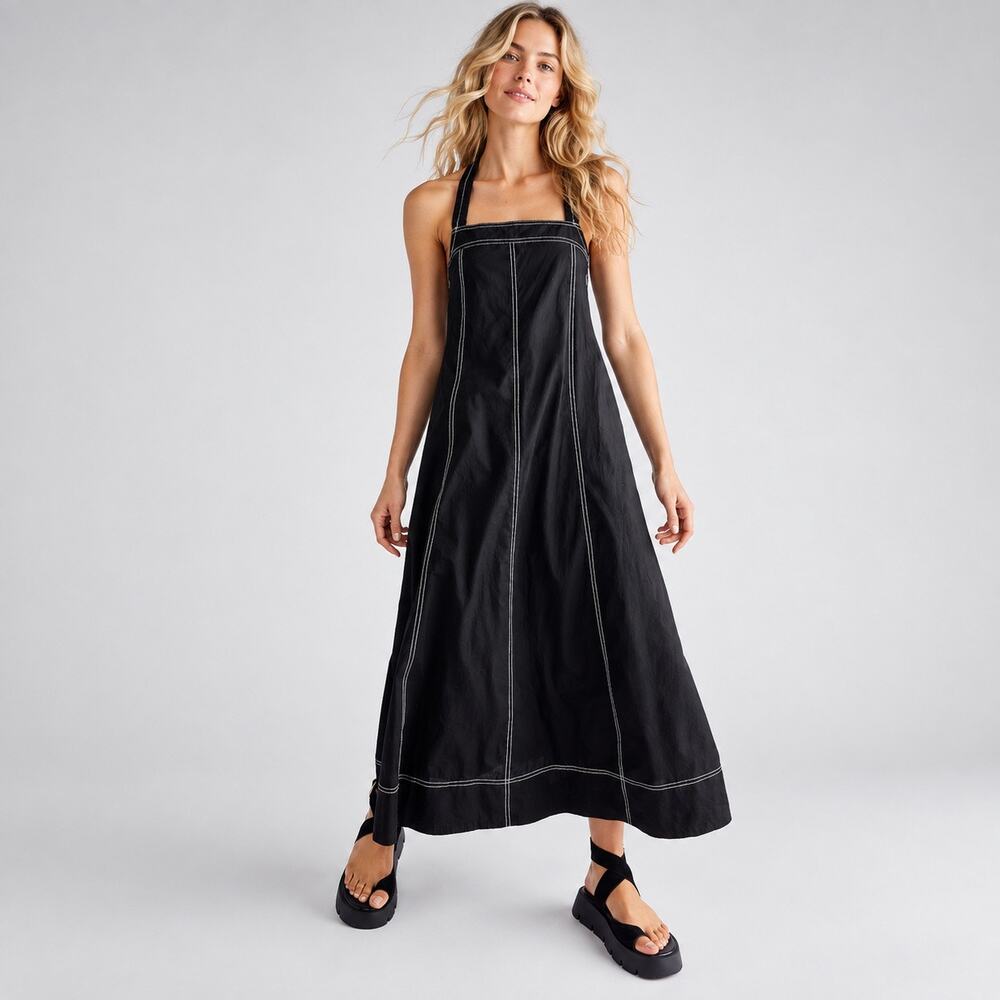 Free People Black Desert Hearts Apron Dress Contrast Stitch Open Back Maxi Large